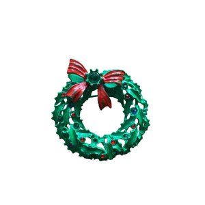Vintage Holiday Wreath Brooch Green Red Blue Stones Pin 2" Diameter